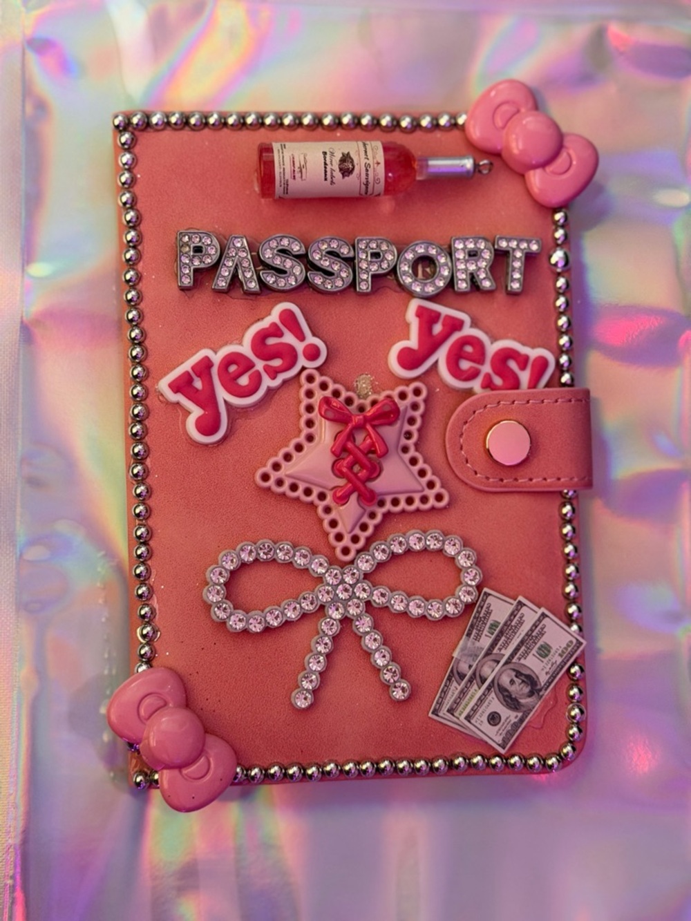 Pink Jeweled Passport Holder with Rhinestone Accents